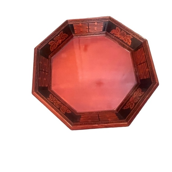 Set  Vintage‎ Asian Red Hand Carved Wooden Lacquerware Octagonal Decorative Tray - Picture 2 of 15